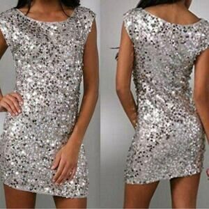 Alice + Olivia Silver Sequin Silk Mini Dress M Y2K Cocktail Party Metallic